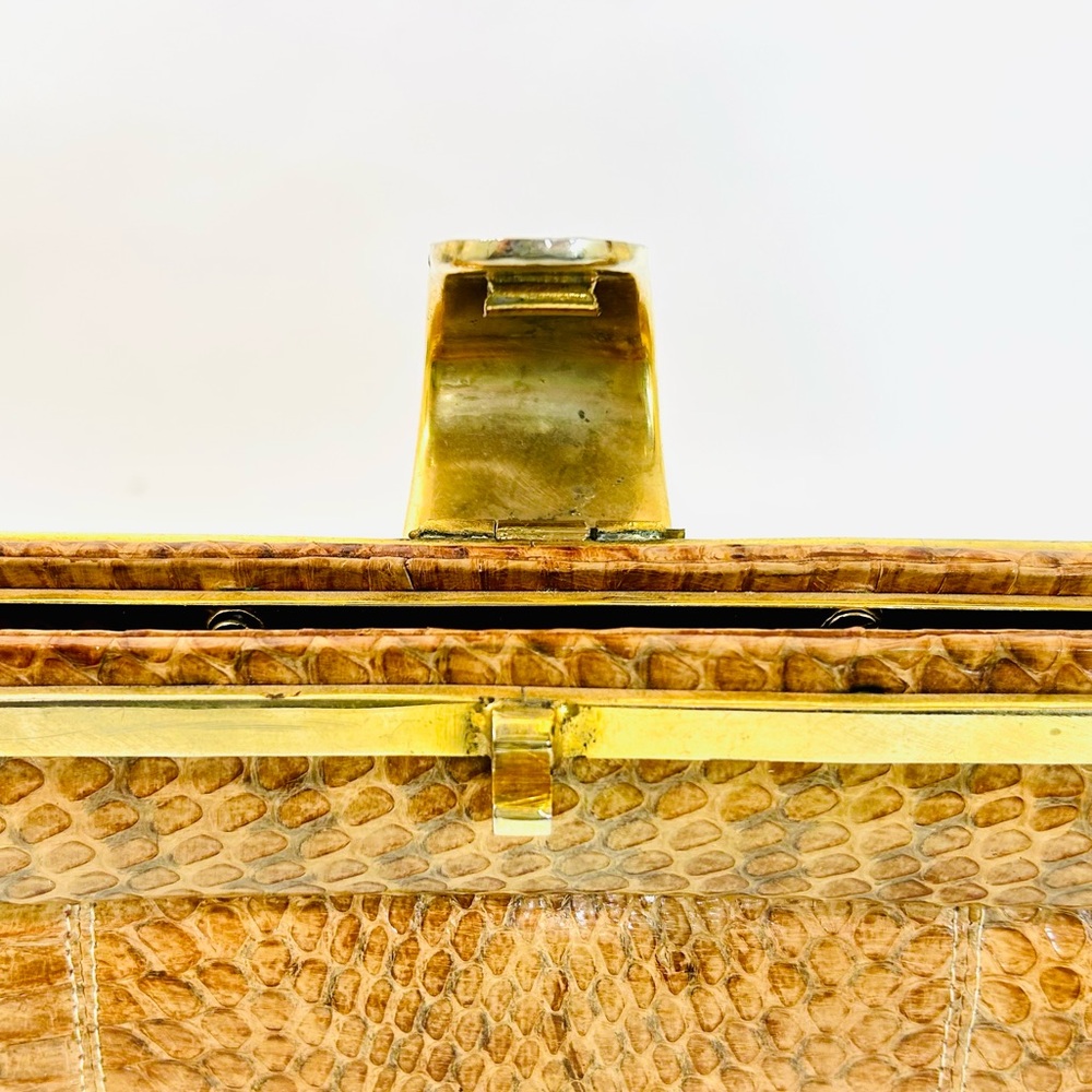 Mid Century Python Bag Brown Snakeskin Frame Box … - image 3
